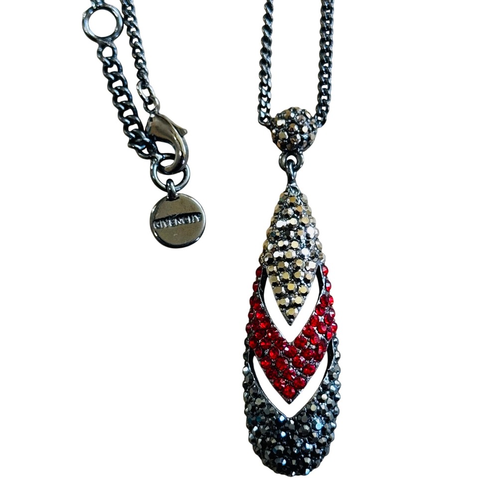 Givenchy Y Drop Necklace Gunmetal Red Gray Crystal Rhinestone Jeweled 18"
